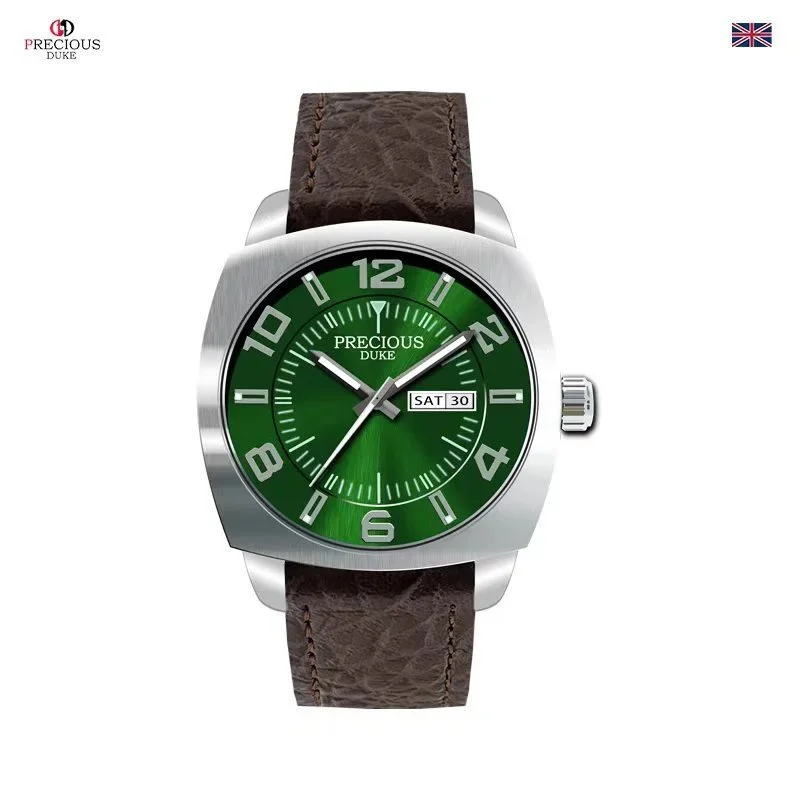 Precious Duke Green dial silver case brown leather strap watch