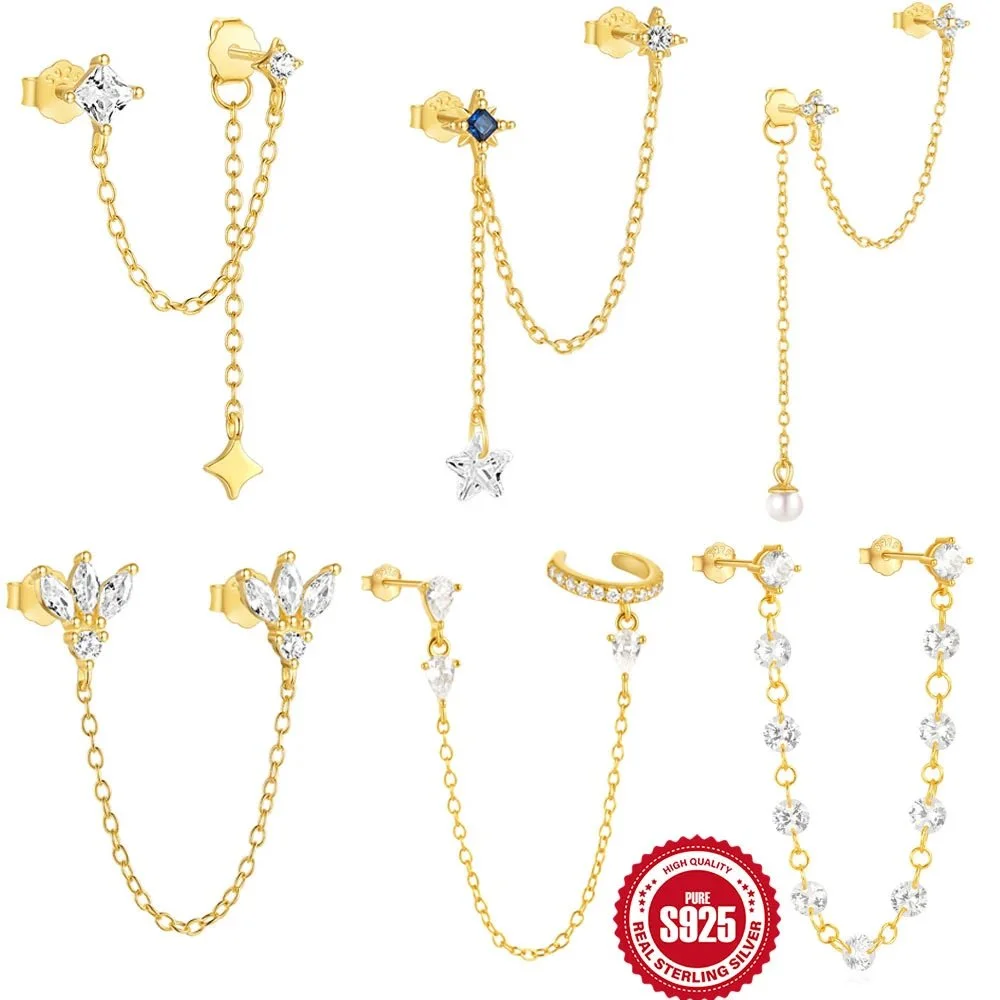 Gold-tone chain-linked double stud ear cuffs with clear zirconia and pearl accents