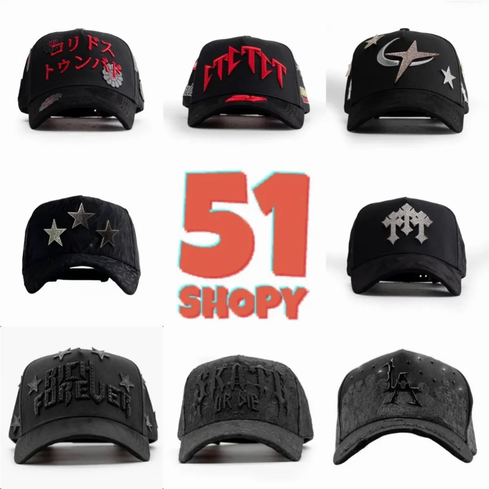 Black and beige snapback caps with embroidered logos, rhinestones, and printed motifs