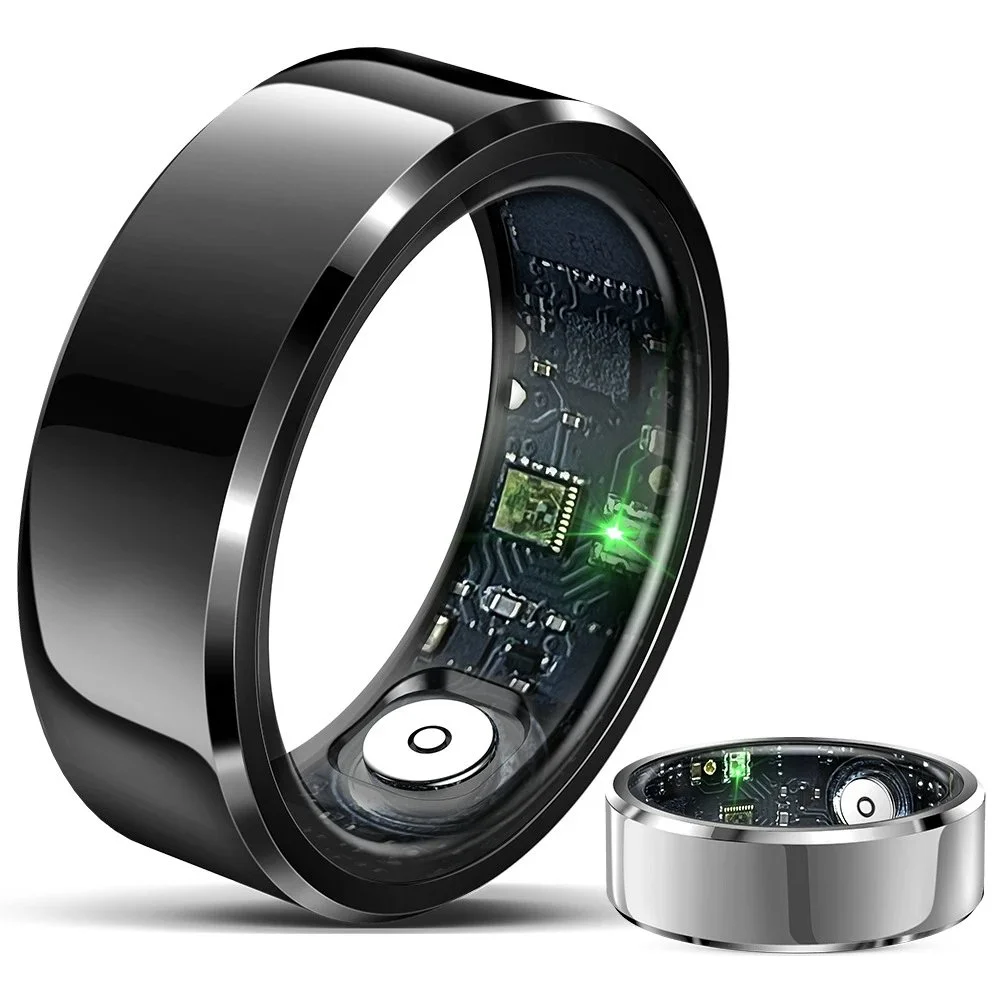 Polished metallic smart ring with exposed circuit board and sensor module