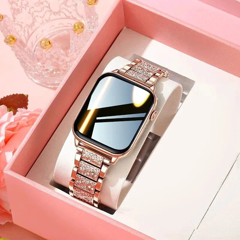 Rectangular smart watch with metallic bezel and mesh band