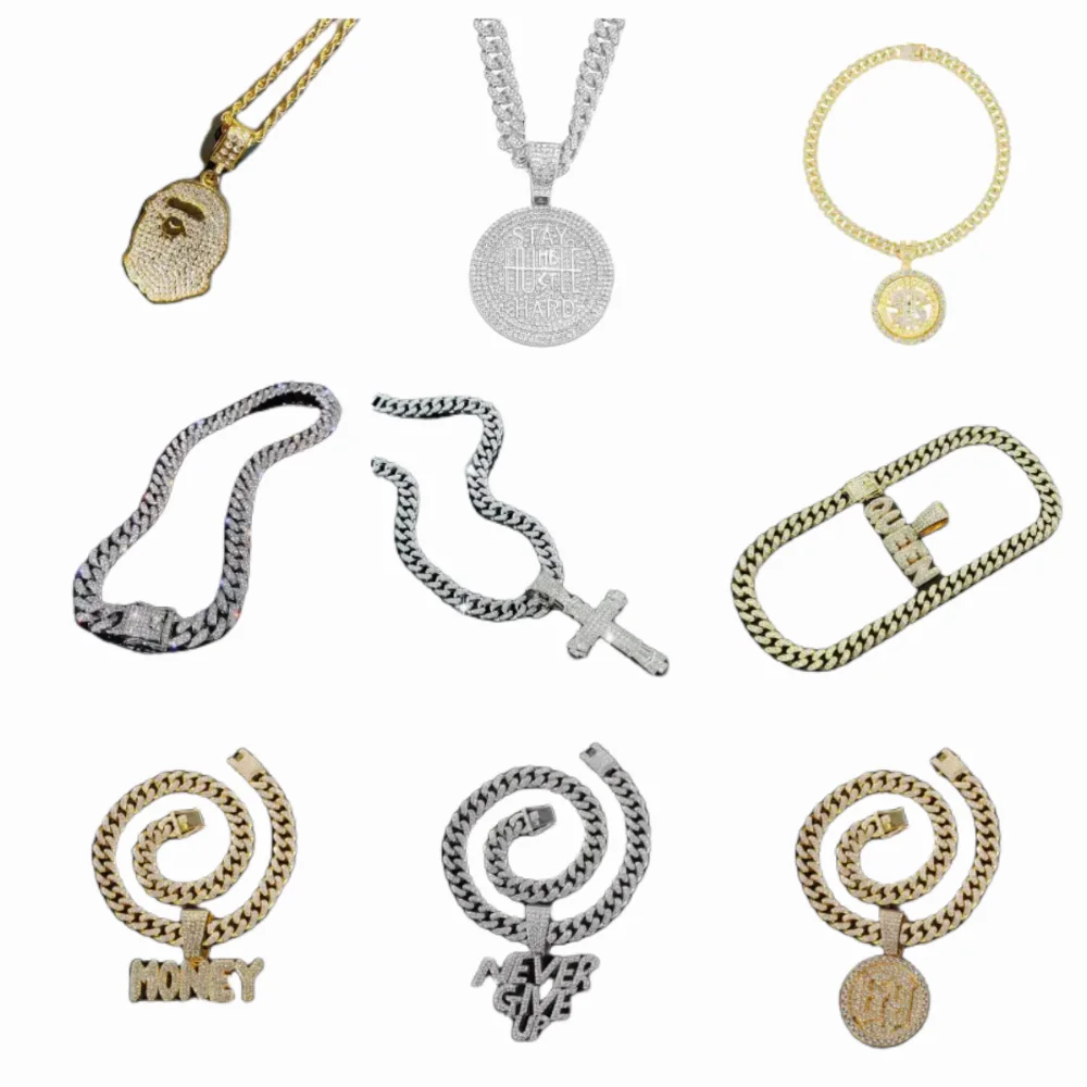 iced-out curb chain necklace with rhinestone pendant text