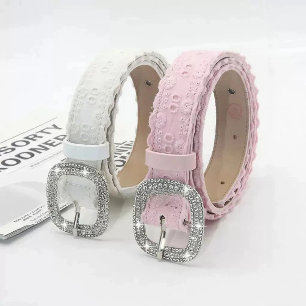 white and pink lace trim belt with rhinestone-encrusted square buckle