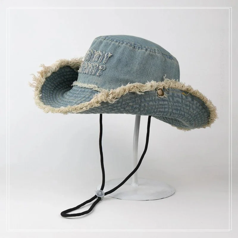 Frayed edge denim bucket hat with embroidered text