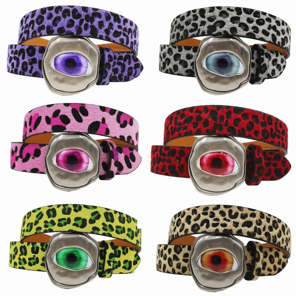 Fuzzy leopard print belt with oversized eye-shaped metallic buckle