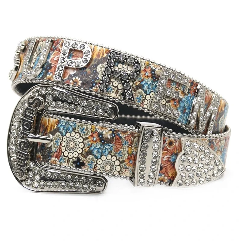 Supreme Floral Print Rhinestone Belt