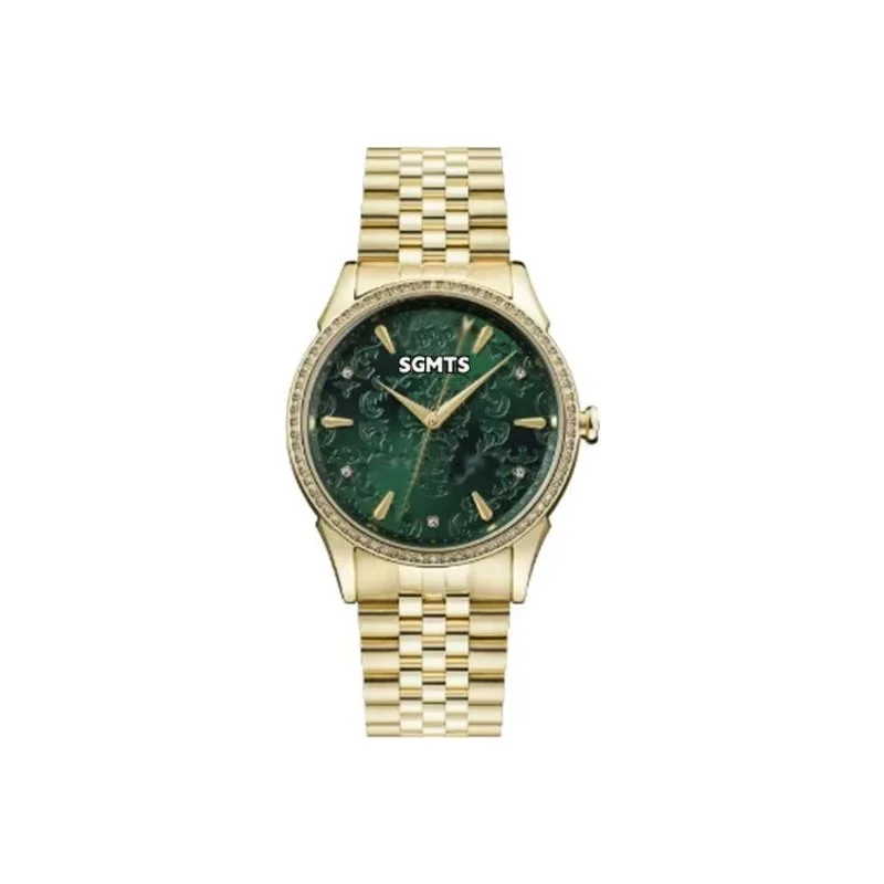 SGMTS gold-tone metal bracelet watch with green patterned dial and crystal bezel
