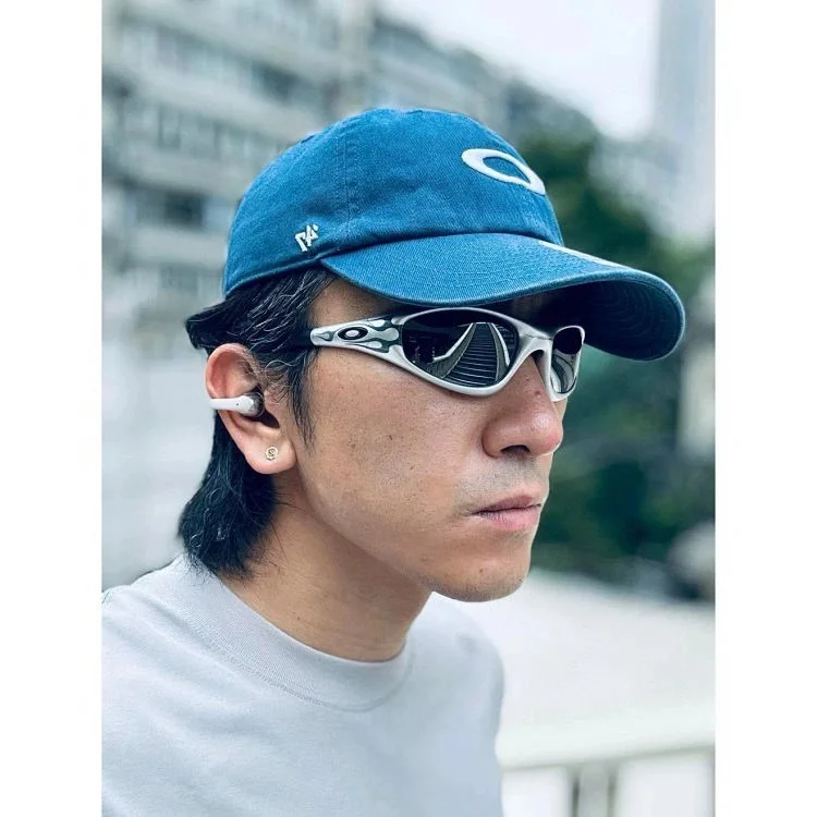 Oakley Blue denim cap white logo silver frame sunglasses