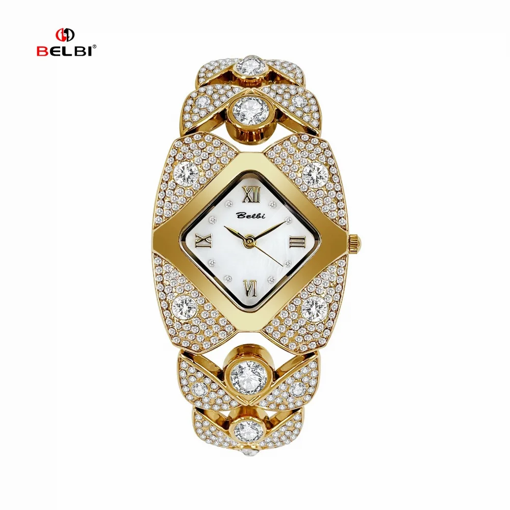 BELBI Gold-tone diamond-encrusted octagonal case wristwatch with Roman numerals